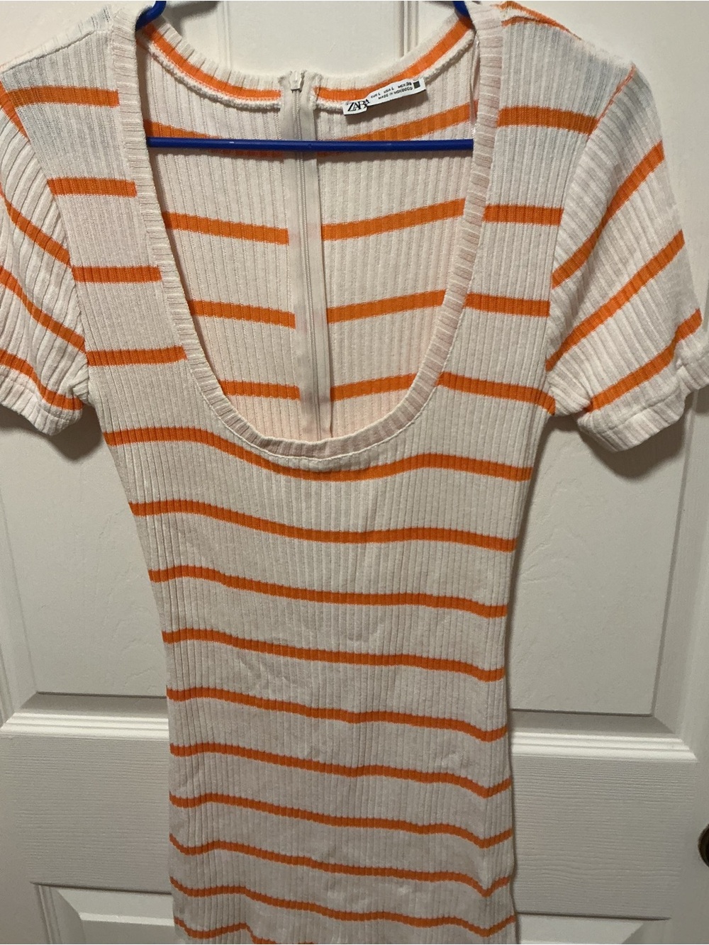 Zara Ribbed Orange Stripe Knit Romper Scoop Neck Ruffle Trim Fitted Size Large - Picture 4 of 12
